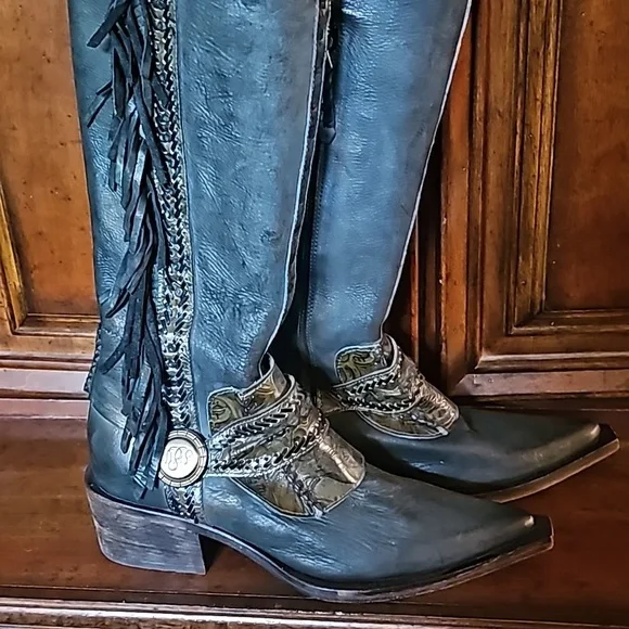 DONALD J. PLINER GITTA WESTERN FRINGE BOOT Black & Brown 7M - NWOT! - Picture 2 of 7
